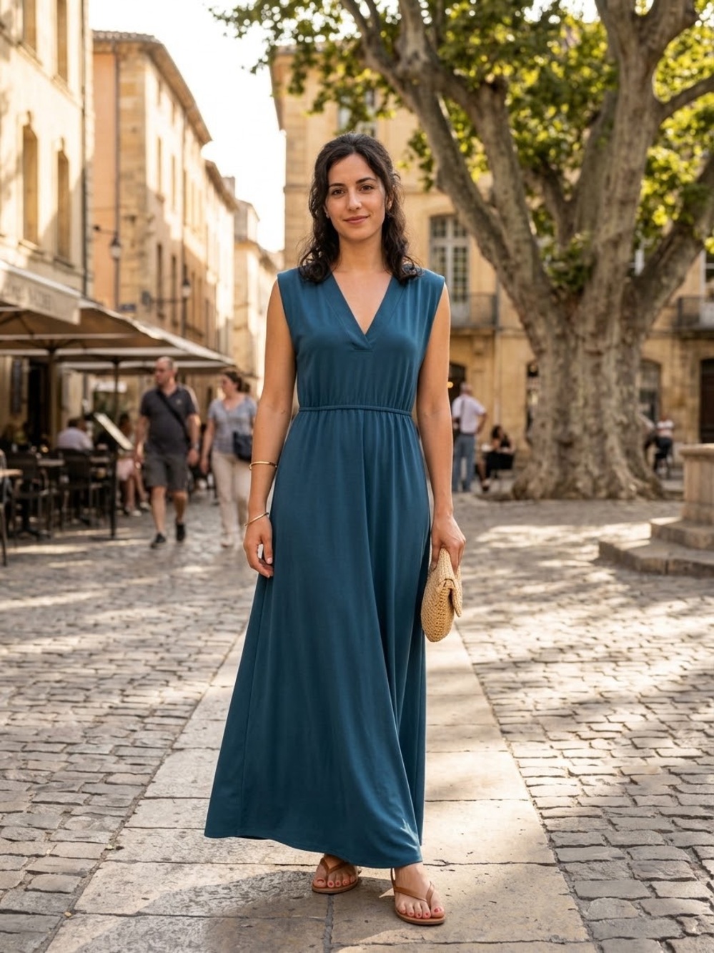 Athleta Women's Blue Open Lower Sides Maxi Dress Size large with pockets